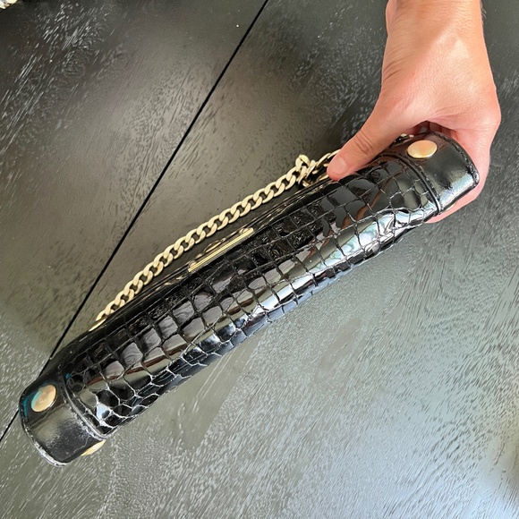 Michael Kors BLACK Patten Leather Croc Embossed Clutch Gold Chain Logo CC Wallet - Picture 16 of 16